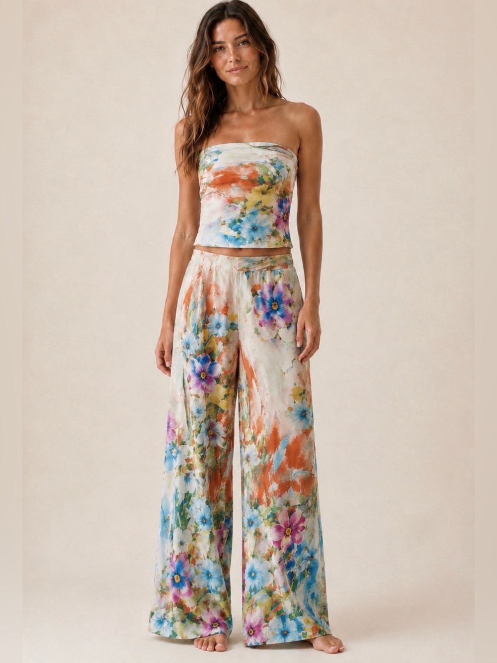 Floral Watercolor Two Piece Set Wrap Top Wide Leg Pants S/M